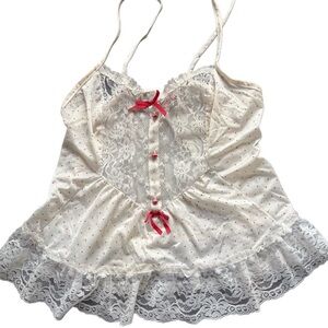 Vintage Jaclyn Smith Lace Polka Dot Babydoll Cami Top | White w/ Red Bows